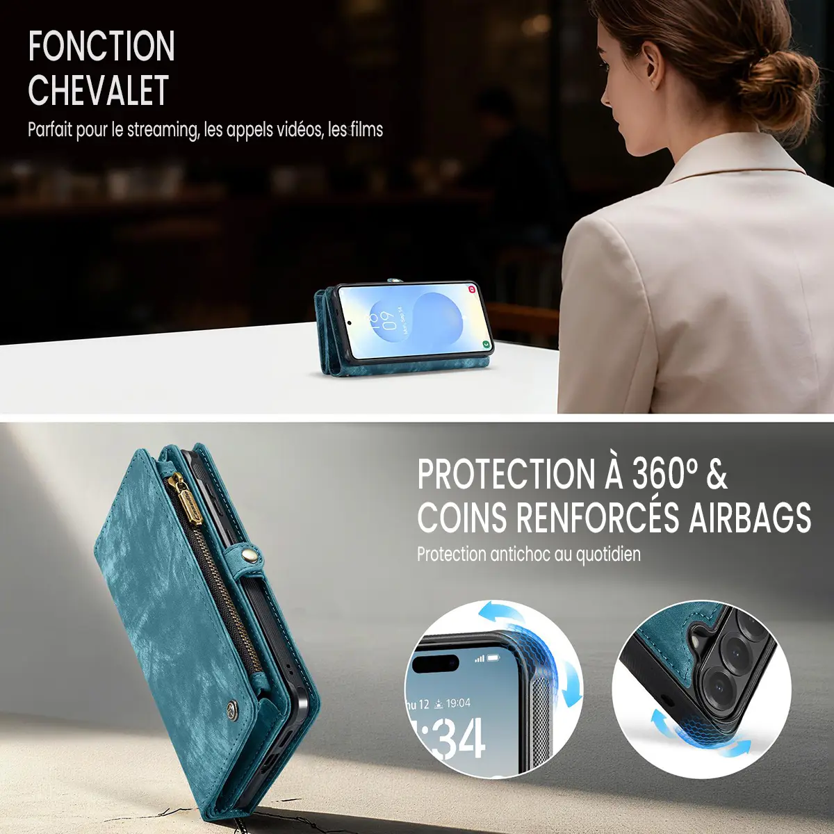 Galaxy S26 Plus - Étui Portefeuille CaseMe avec Coque Détachable Bleue