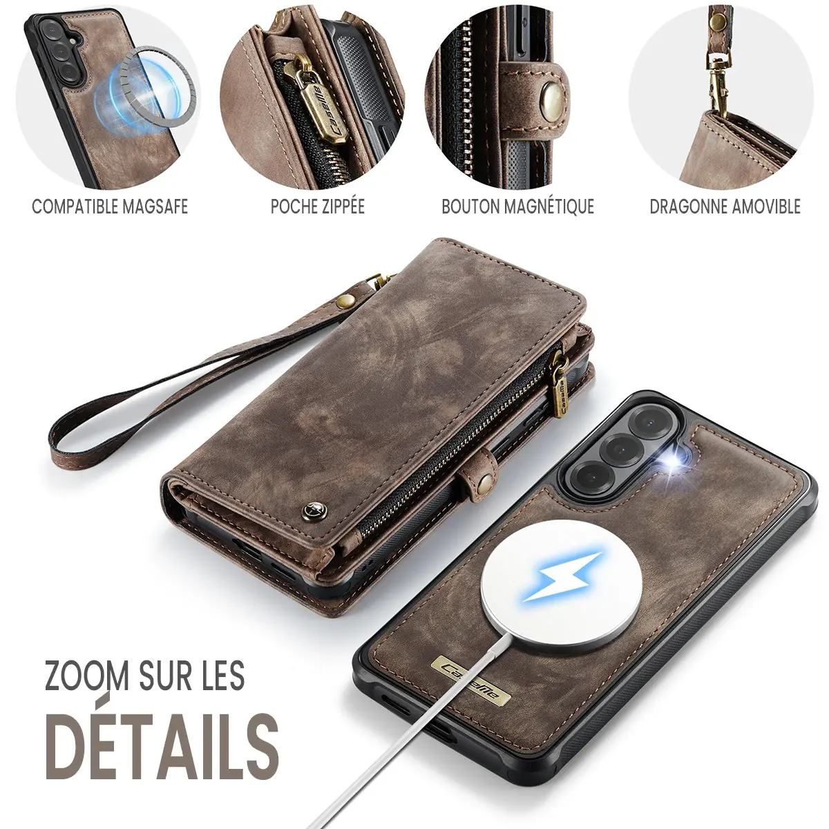 Galaxy S26 Plus - Étui Portefeuille CaseMe avec Coque Détachable Marron