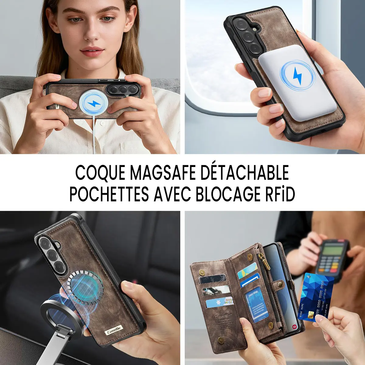 Galaxy S26 Plus - Étui Portefeuille CaseMe avec Coque Détachable Marron