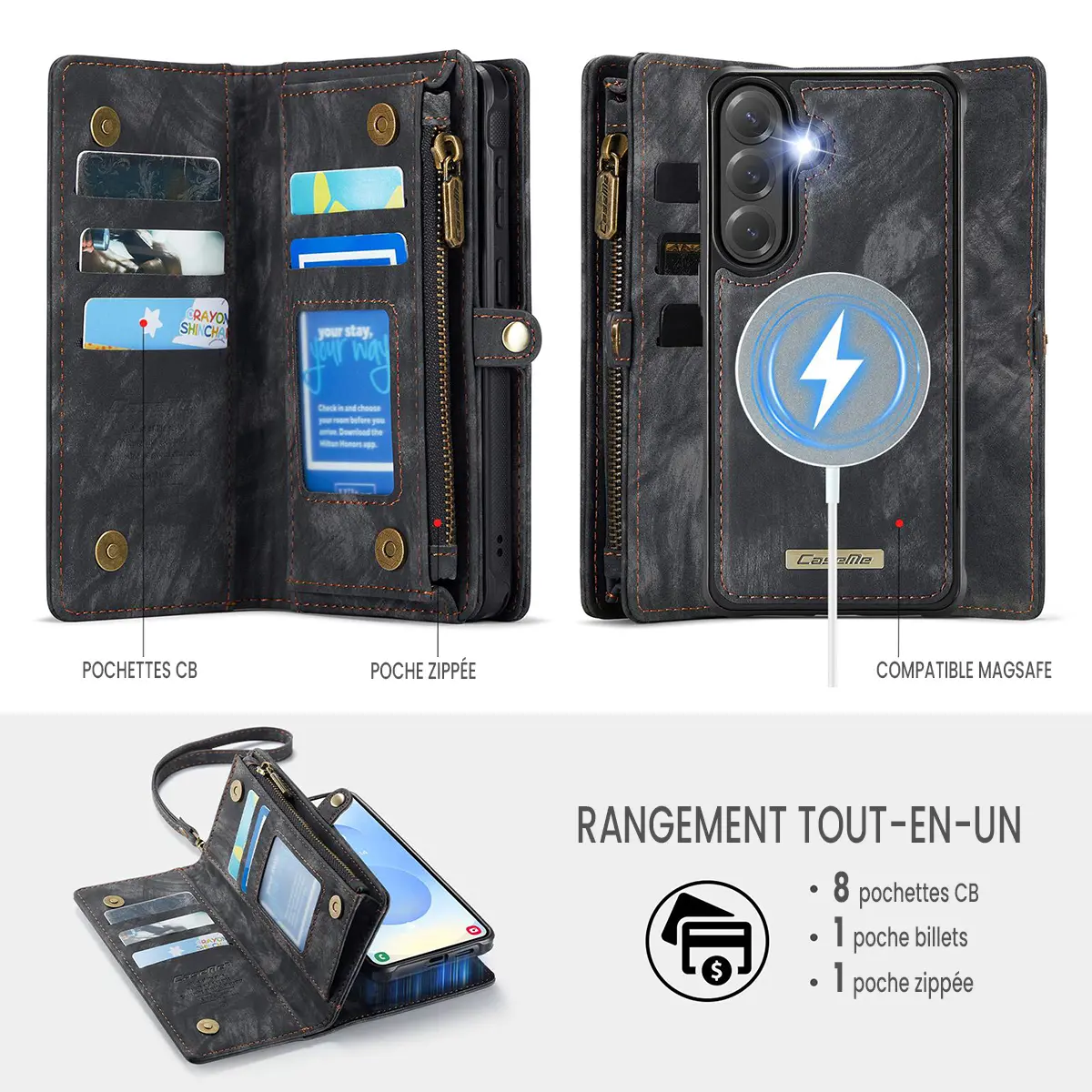 Galaxy S26 Plus - Étui Portefeuille CaseMe avec Coque Détachable Noire