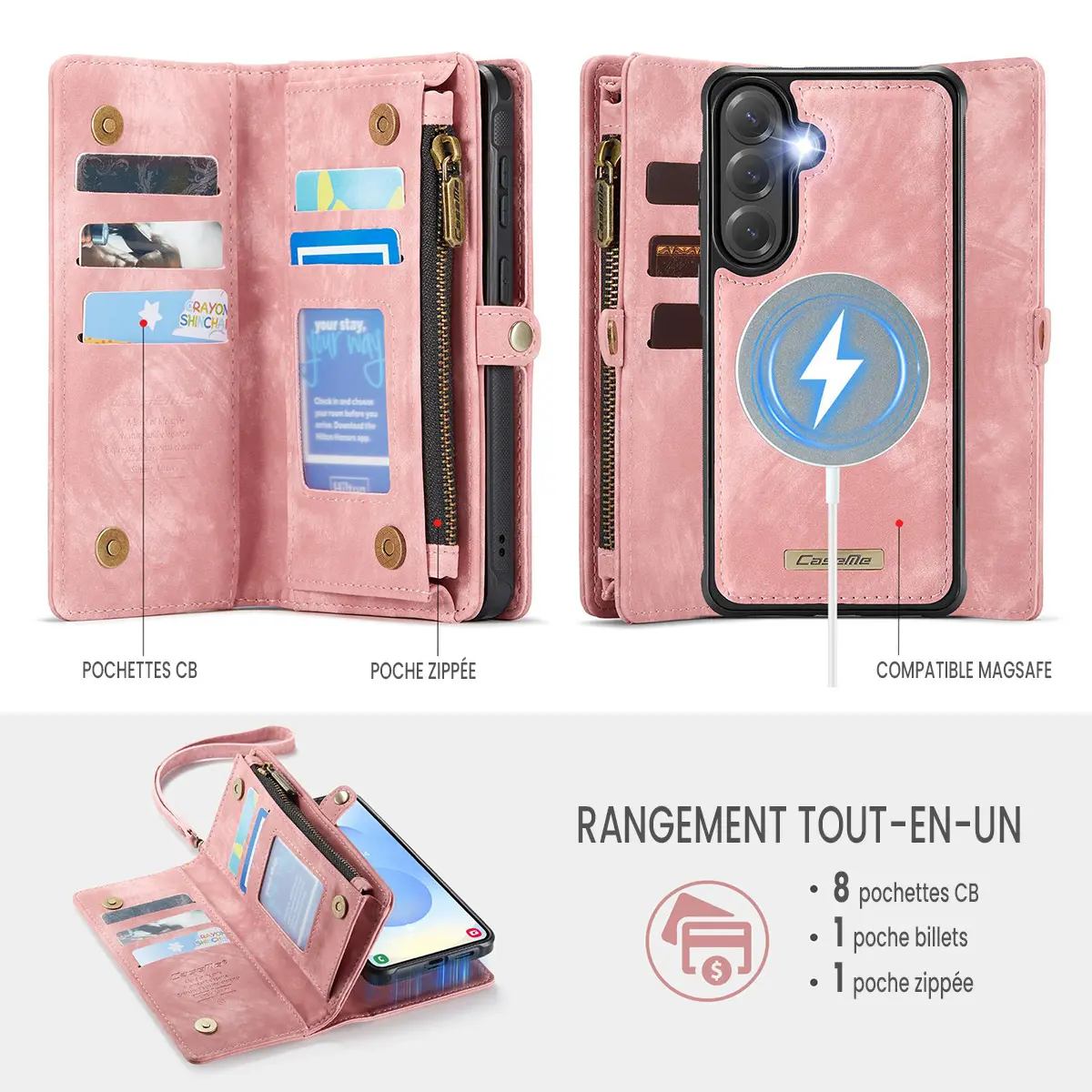 Galaxy S26 Plus - Étui Portefeuille CaseMe avec Coque Détachable Rose