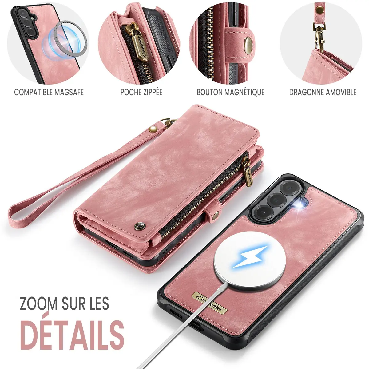 Galaxy S26 Plus - Étui Portefeuille CaseMe avec Coque Détachable Rose