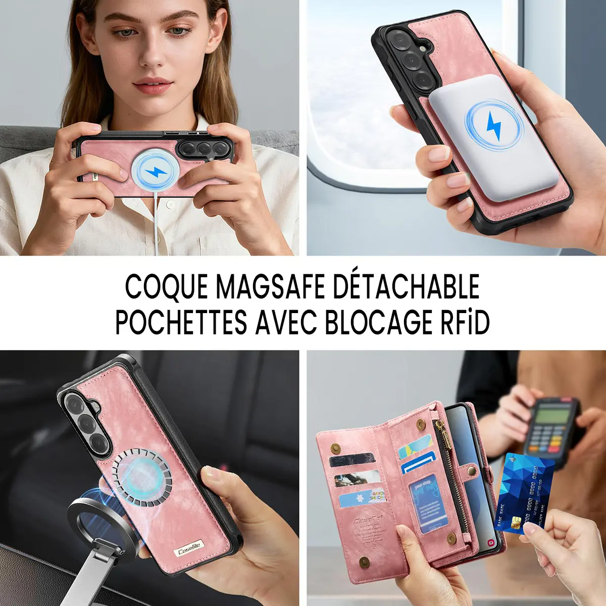 Galaxy S26 Plus - Étui Portefeuille CaseMe avec Coque Détachable Rose
