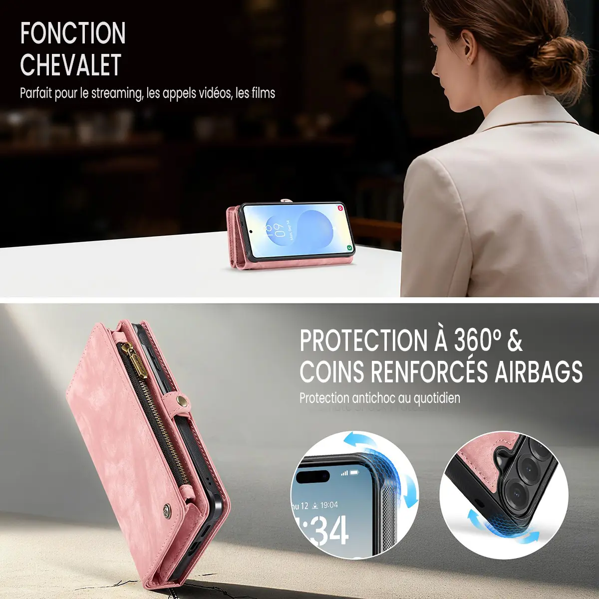 Galaxy S26 Plus - Étui Portefeuille CaseMe avec Coque Détachable Rose