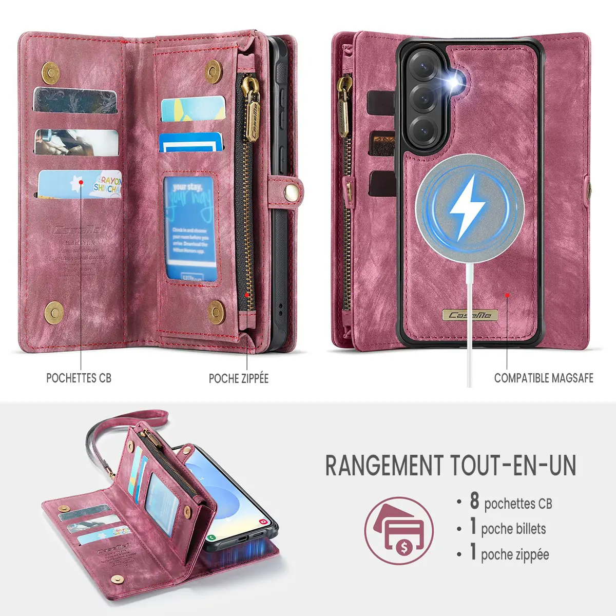 Galaxy S26 Plus - Étui Portefeuille CaseMe avec Coque Détachable Rouge