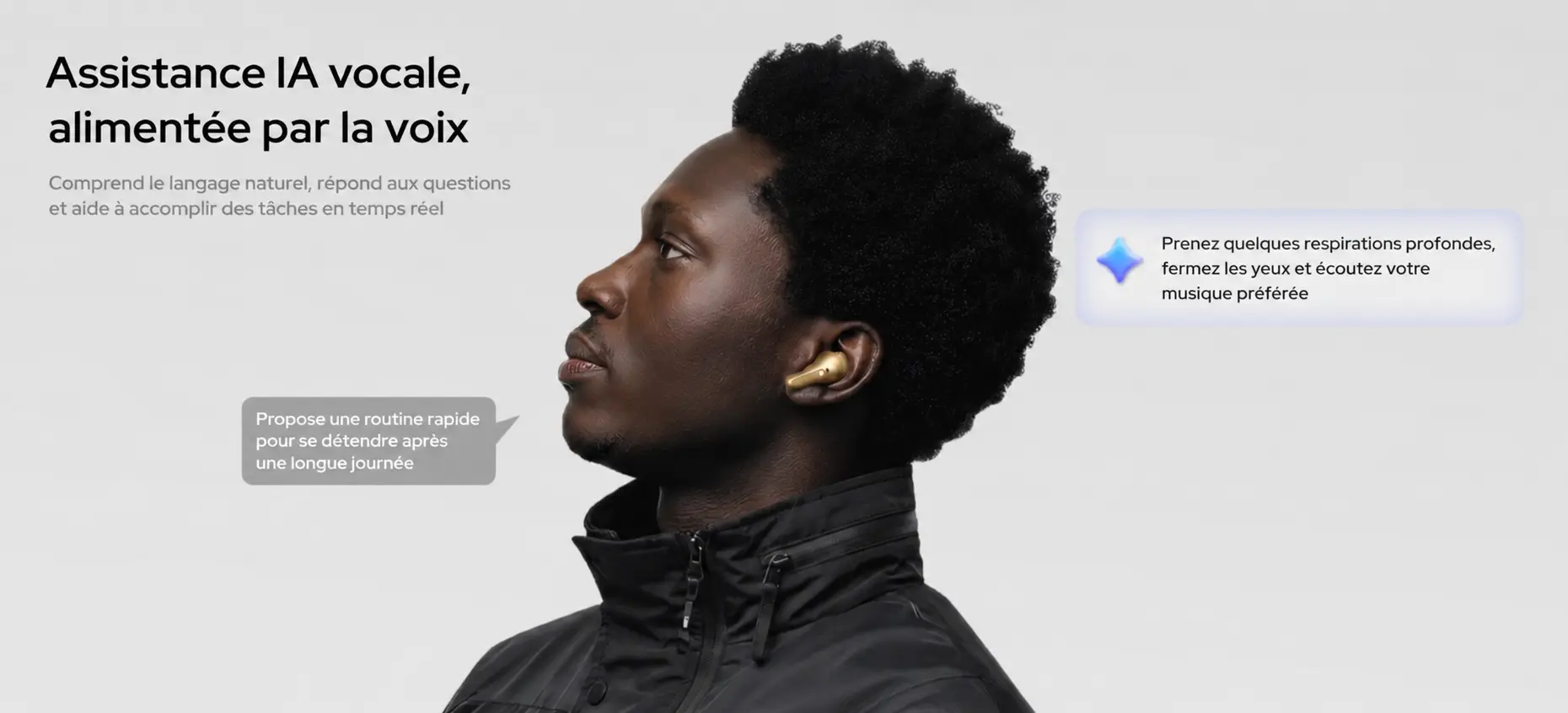 Écouteurs Noise Master Buds 2 présentant l'assistance IA vocale alimentée par la voix avec compréhension du langage naturel
