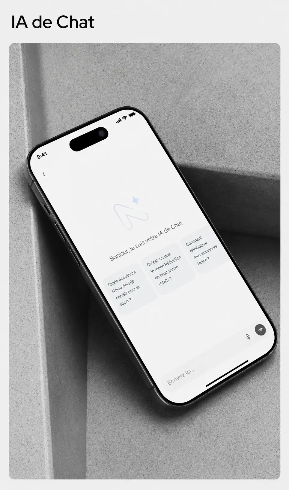 Interface IA de Chat des Noise Master Buds 2 affichée sur smartphone pour obtenir de l'aide et des informations sur les écouteurs