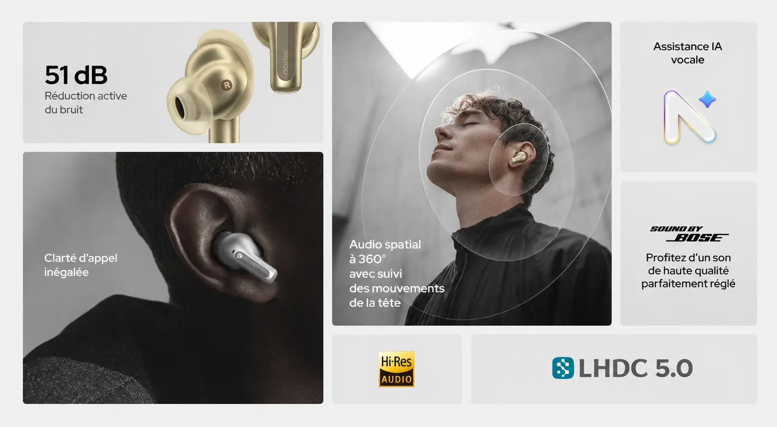 Écouteurs sans fil Noise Master Buds 2 avec réduction de bruit active 51 dB, Sound by Bose, audio spatial 360° et codec LHDC 5.0