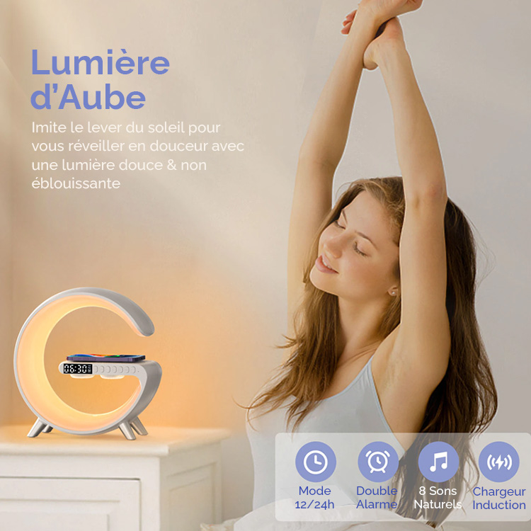 Chargeur Induction Multifonction - Enceinte Bluetooth | Lumière d'Aube | Lampe RVB Multicolore | Horloge | Réveil