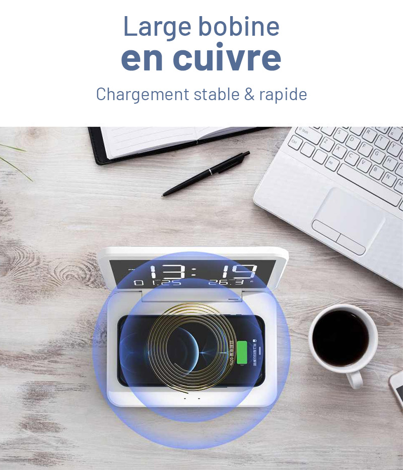 Station Réveil QINSON - Chargeur Induction 15W | Horloge | Réveil | Thermomètre