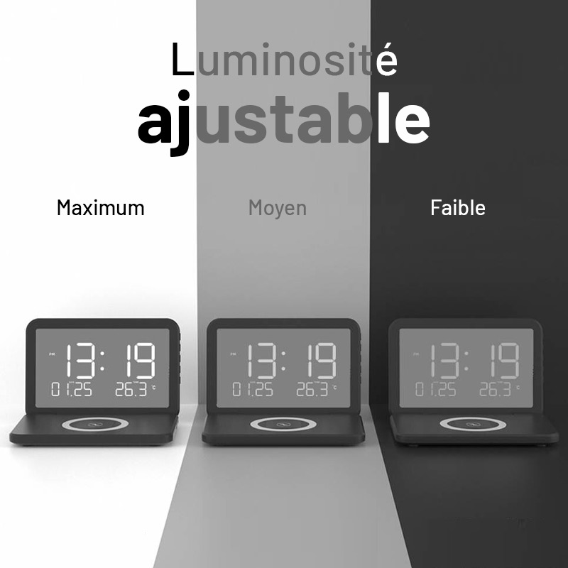 Station Réveil QINSON - Chargeur Induction 15W | Horloge | Réveil | Thermomètre