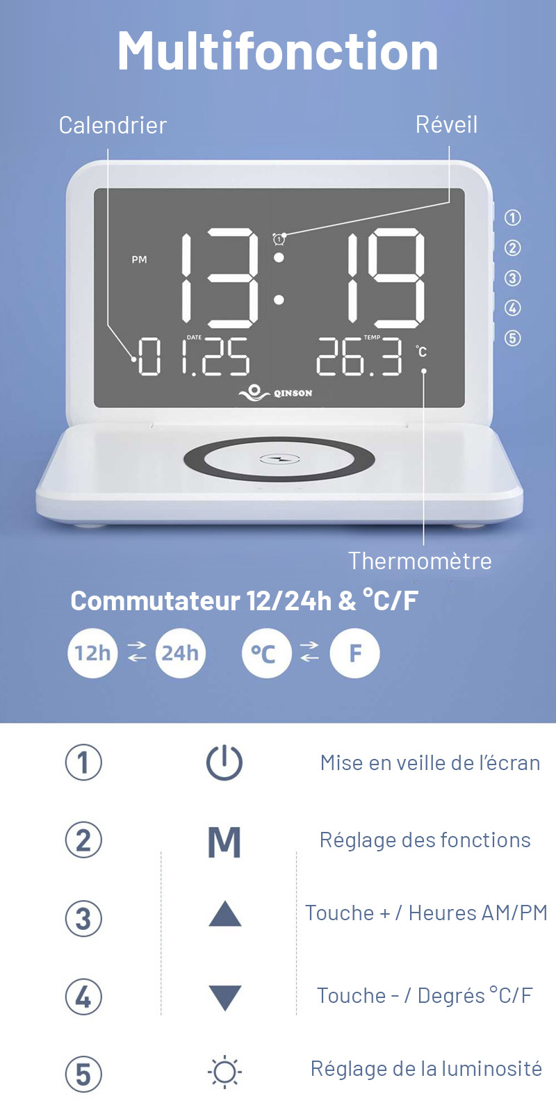Station Réveil QINSON - Chargeur Induction 15W | Horloge | Réveil | Thermomètre