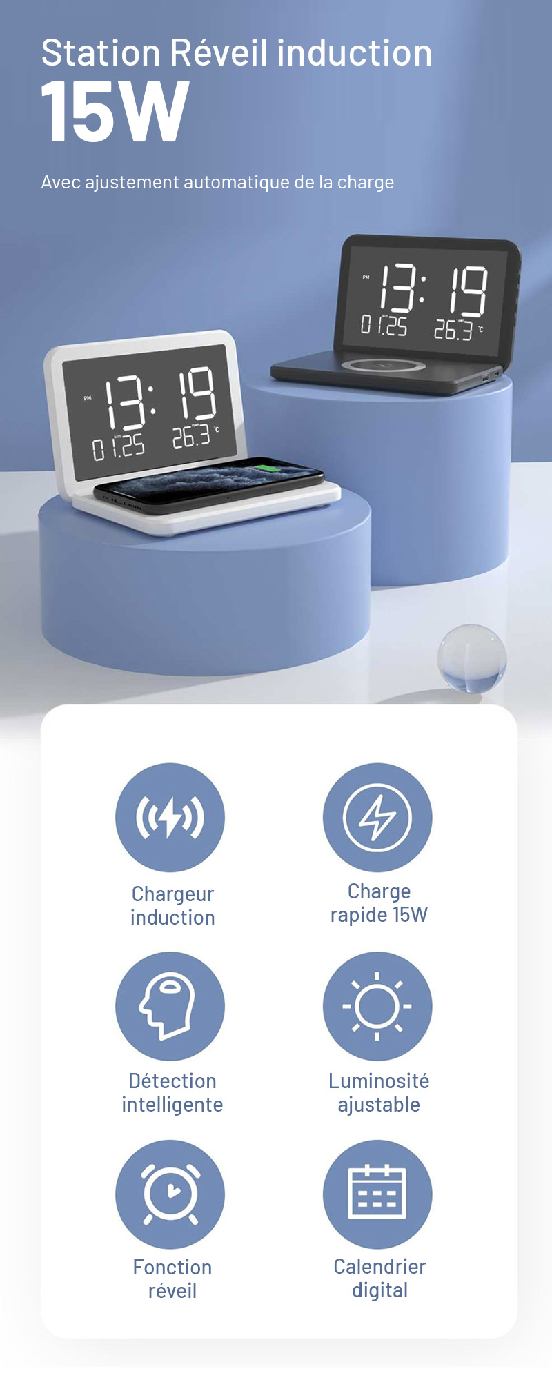 Station Réveil QINSON - Chargeur Induction 15W | Horloge | Réveil | Thermomètre