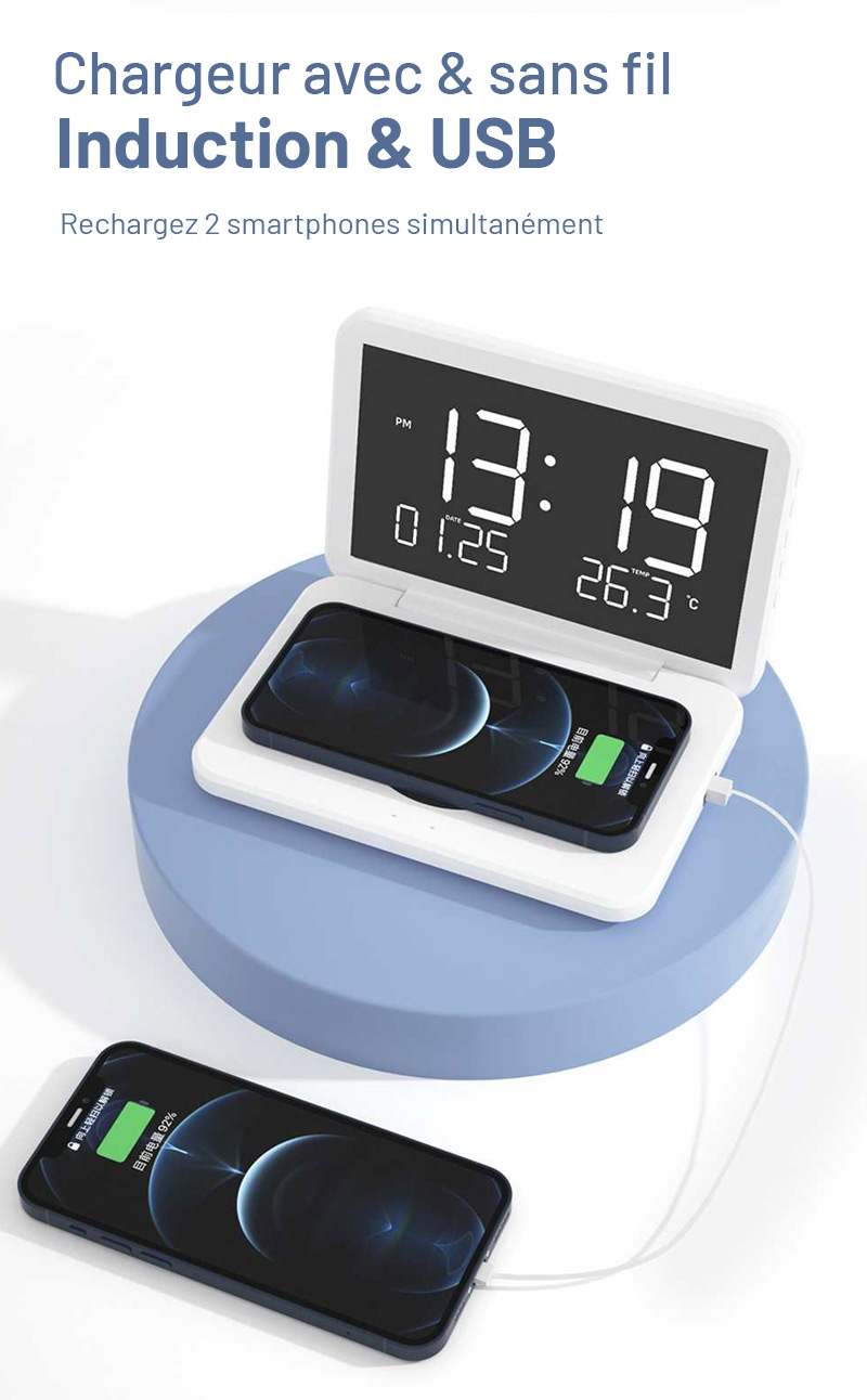 Station Réveil QINSON - Chargeur Induction 15W | Horloge | Réveil | Thermomètre