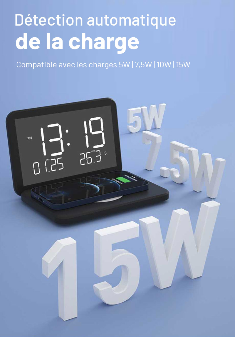 Station Réveil QINSON - Chargeur Induction 15W | Horloge | Réveil | Thermomètre