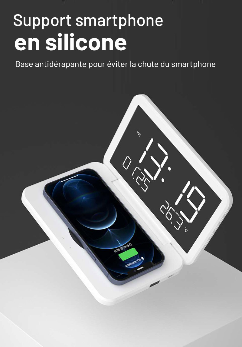 Station Réveil QINSON - Chargeur Induction 15W | Horloge | Réveil | Thermomètre