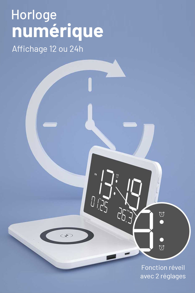 Station Réveil QINSON - Chargeur Induction 15W | Horloge | Réveil | Thermomètre