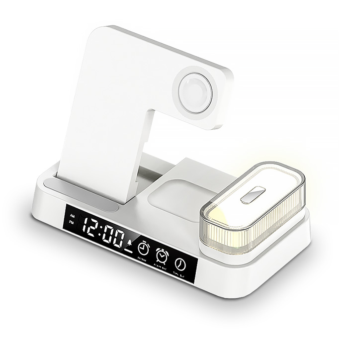 Station Induction 4-en-1 | Chargeur Smartphone - Apple Watch - AirPods | Horloge | Réveil | Veilleuse RVB Amovible