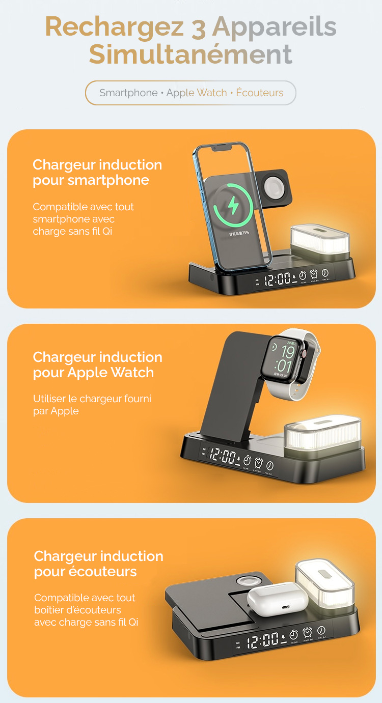Station Induction 4-en-1 | Chargeur Smartphone - Apple Watch - AirPods | Horloge | Réveil | Veilleuse RVB Amovible