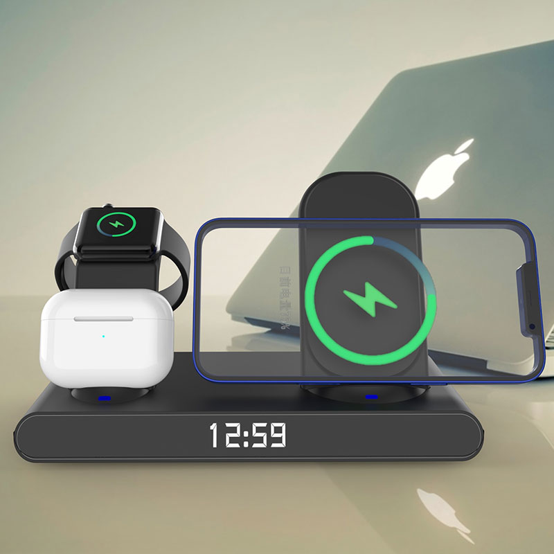 Station De Chargement 4-En-1 | Chargeur Induction Smartphone & Apple Watch | Chargeur Lightning Pour AirPods | Horloge & Réveil