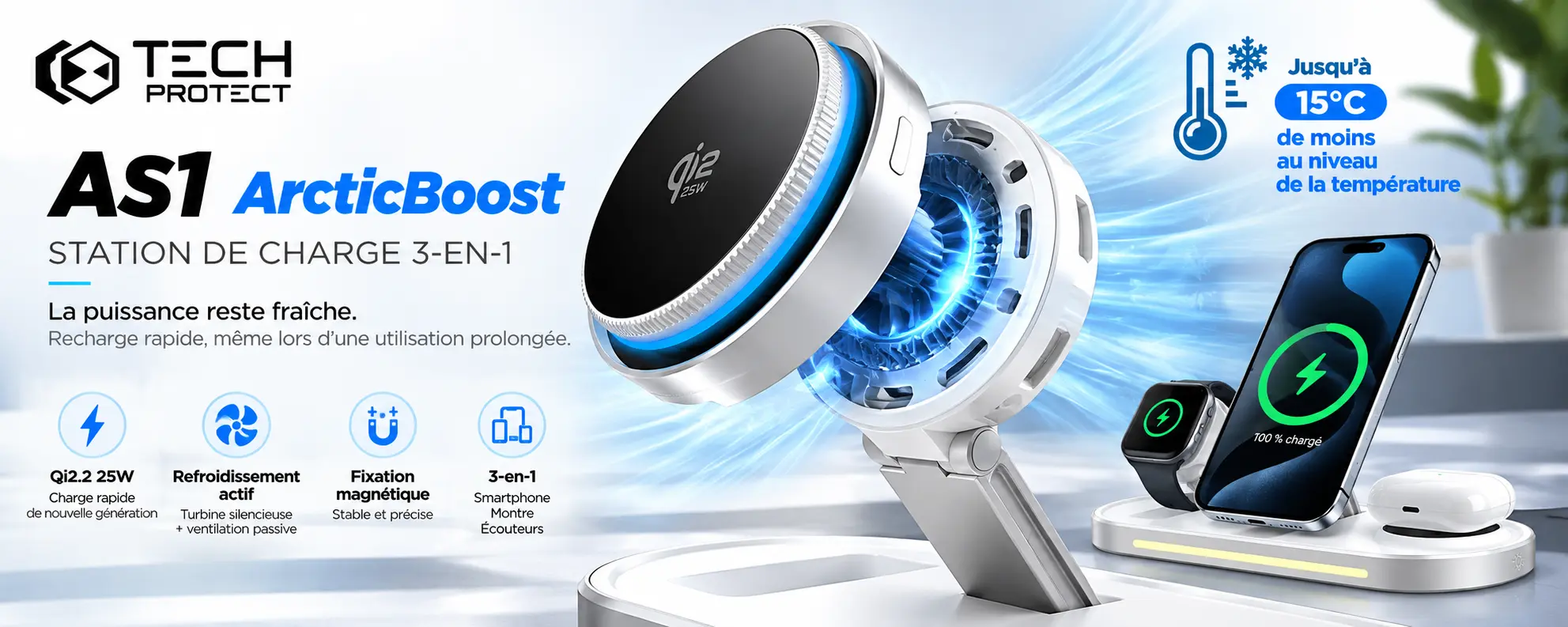 Tech-Protect AS1 ArcticBoost, station de recharge sans fil 3-en-1