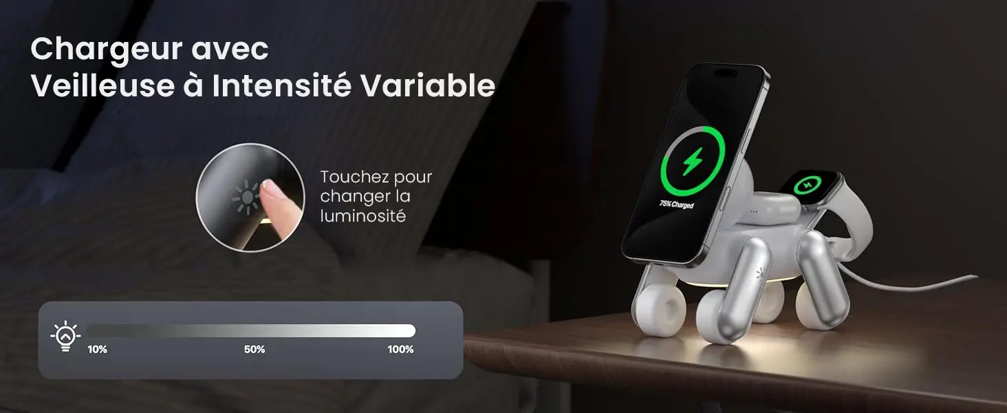 Présentation du chargeur MagDog blanc avec veilleuse à intensité variable tactile de 10% à 100% illuminant une table de nuit