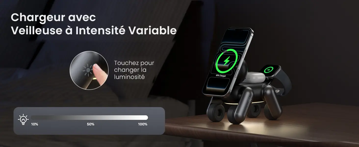 Présentation du chargeur MagDog noir avec veilleuse à intensité variable tactile de 10% à 100% illuminant une table de nuit