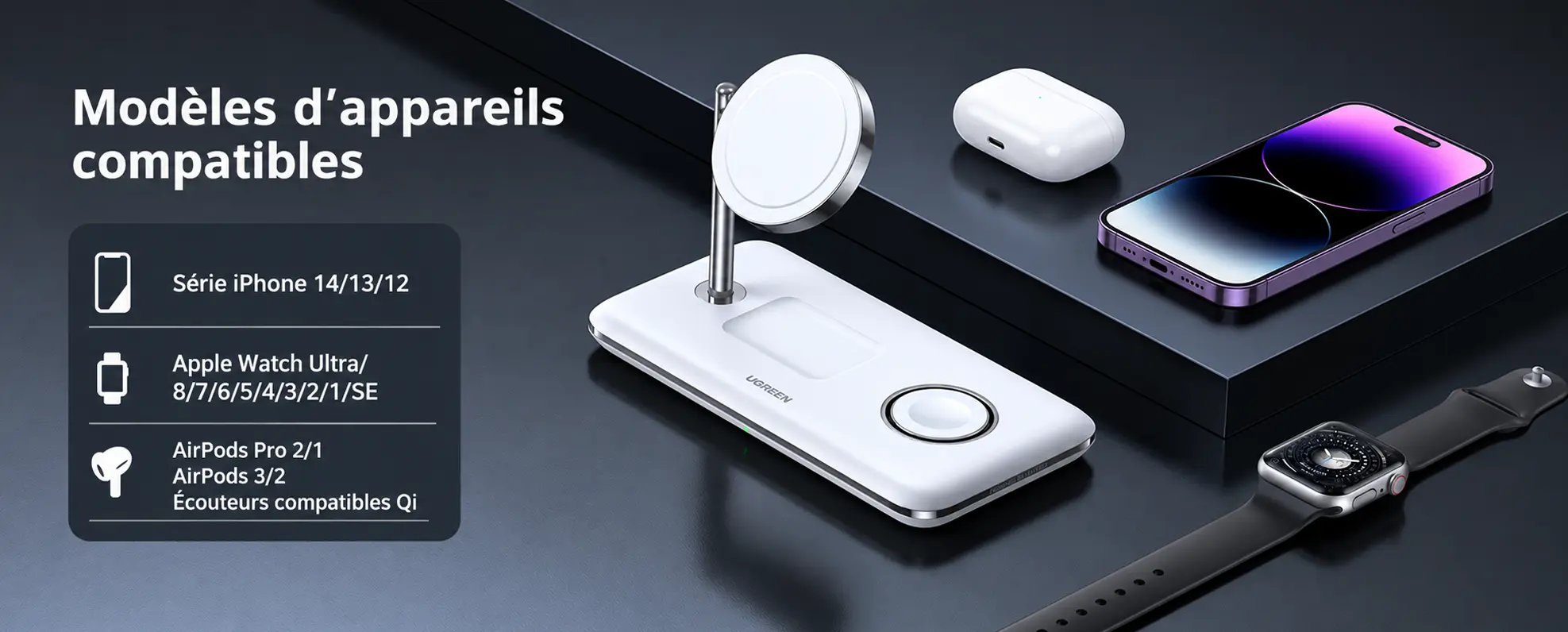Modèles d'appareils compatibles avec la station de charge UGREEN 3-en-1 CD278 (iPhone, Apple Watch, AirPods)