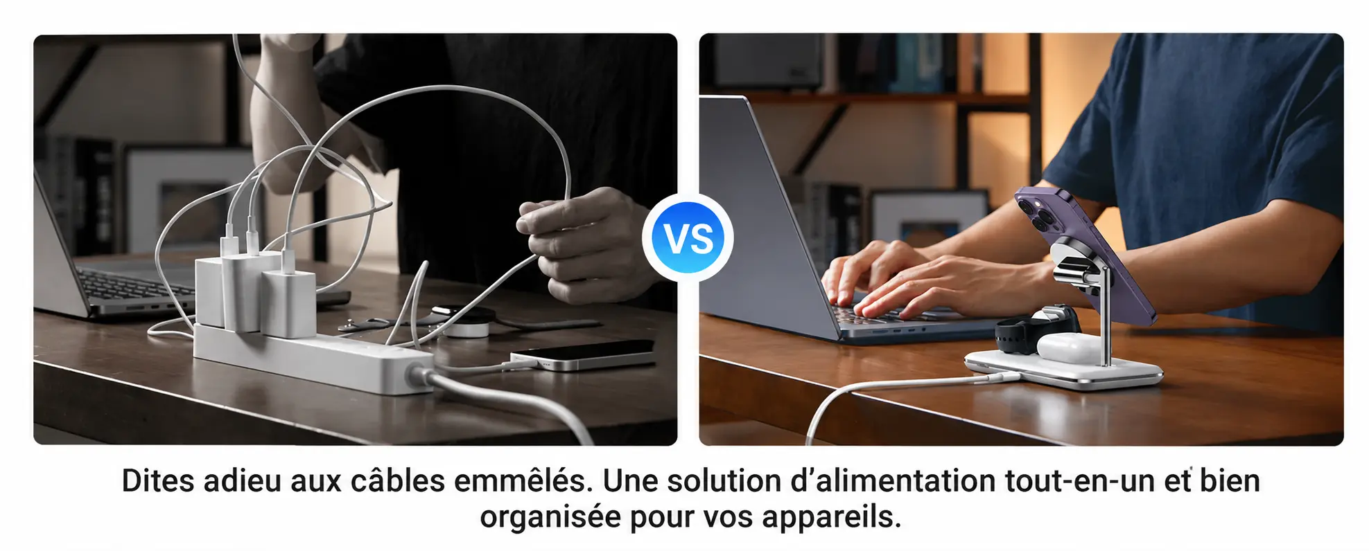 Dites adieu aux câbles emmêlés. Une solution d'alimentation tout-en-un et bien organisée pour vos appareils