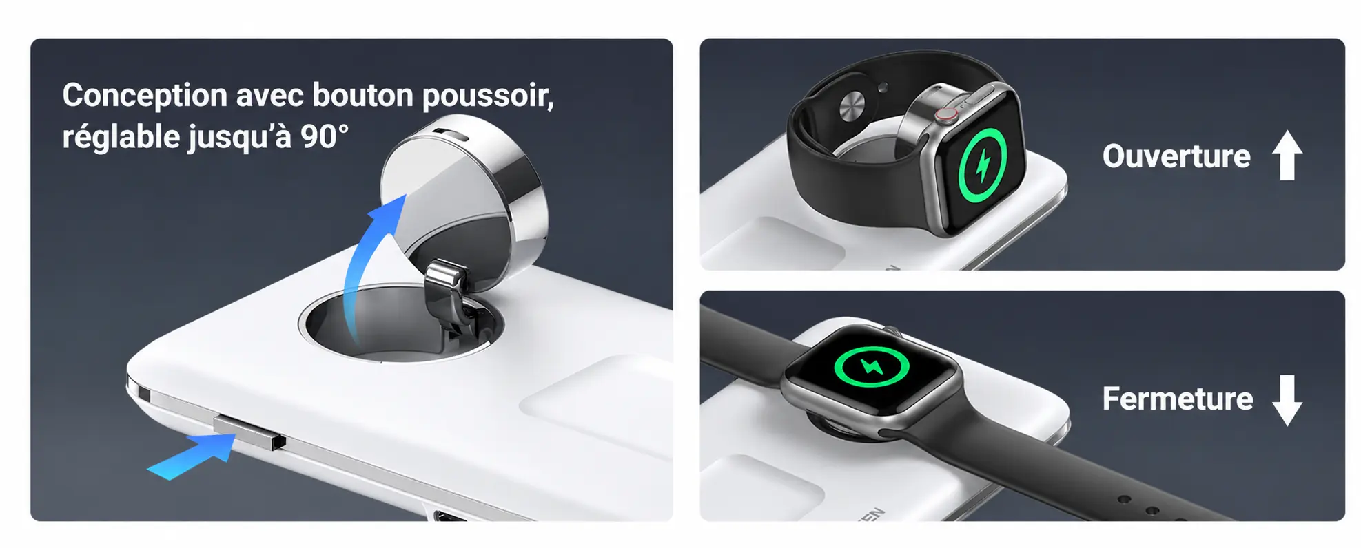 Conception avec bouton poussoir, réglable jusqu'à 90° pour Apple Watch ouverture et fermeture UGREEN