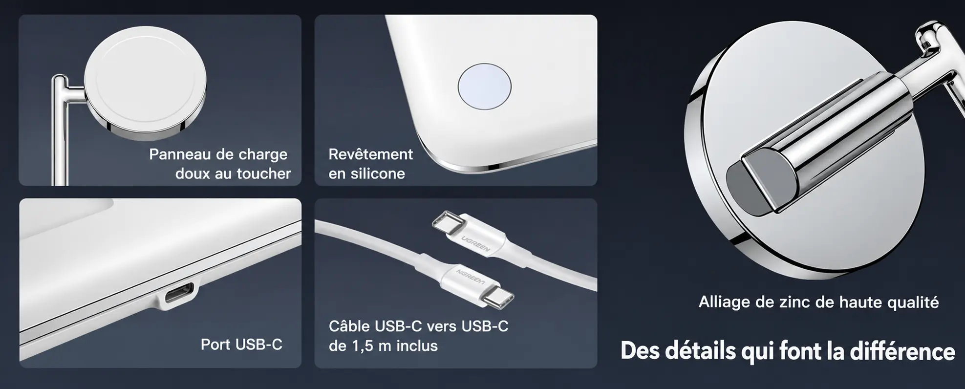 Des détails qui font la différence : alliage de zinc, revêtement silicone, câble USB-C inclus et port USB-C UGREEN