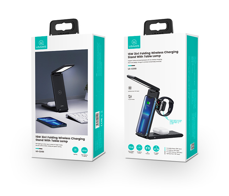 Chargeur Induction 3-en-1 USAMS CD181 avec Lampe LED d'Appoint