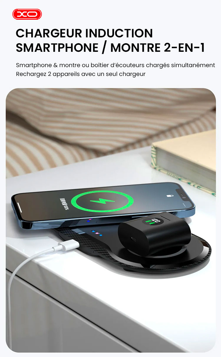 Chargeur Induction 2-en-1 XO WX025 - Charge Rapide 20W