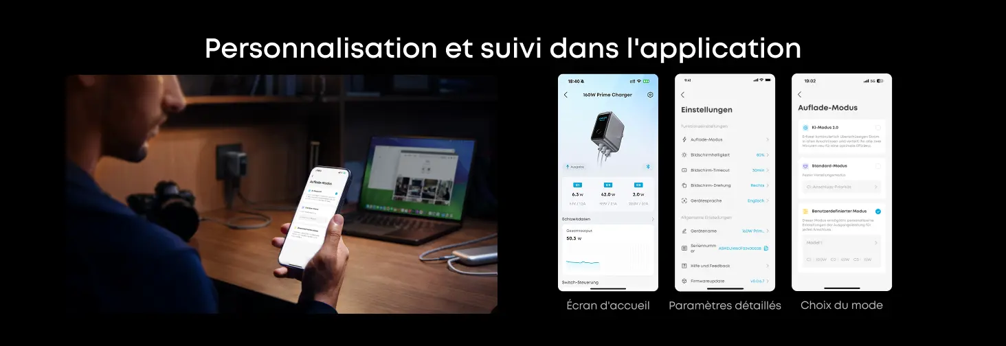 Contrôle fluide avec la technologie AnkerSense View - Infographie montrant l'écran rotatif 360 degrés, le suivi de l'énergie en temps réel, les informations de température et le changement de modes via l'application de charge intelligente Anker.