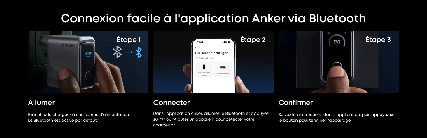 Connexion facile à l'application Anker via Bluetooth - Guide en 3 étapes : Étape 1 Allumer (brancher le chargeur), Étape 2 Connecter (allumer le Bluetooth sur le smartphone et ajouter un appareil), Étape 3 Confirmer (suivre les instructions et appuyer sur le bouton du chargeur).