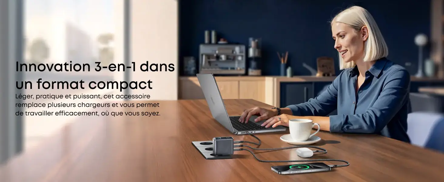 Règles de répartition et priorité des performances du port USB-C1 du chargeur Anker Prime GaN 160W. Schéma technique de distribution intelligente : 140W max sur un seul port actif, et configurations combinées automatiques (100W + 60W ou 100W + 30W) lors de la charge de deux appareils.