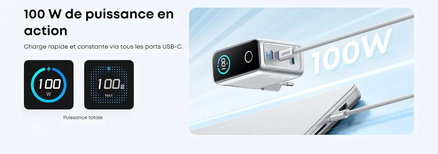 100W de puissance en action - Charge rapide et constante via tous les ports USB-C du chargeur Anker