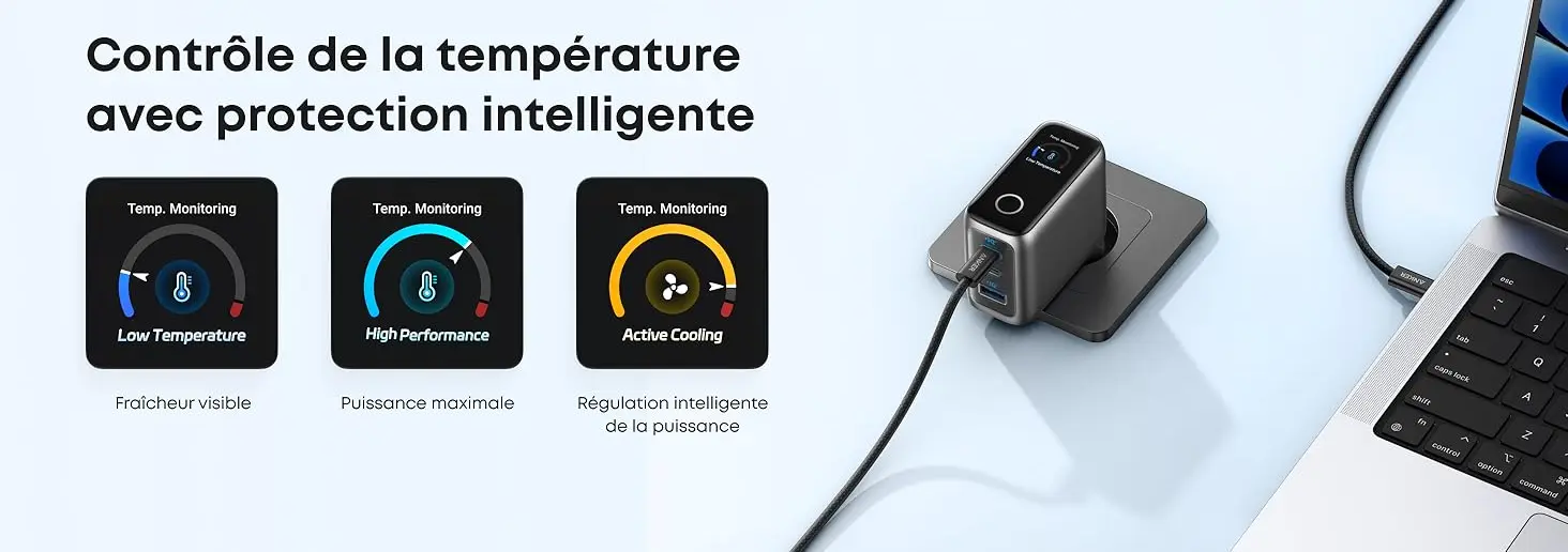 Contrôle de la température avec protection intelligente - Écran du chargeur Anker affichant les modes de surveillance thermique en temps réel : Fraîcheur visible (Low Temperature), Puissance maximale (High Performance) et Régulation intelligente de la puissance (Active Cooling)
