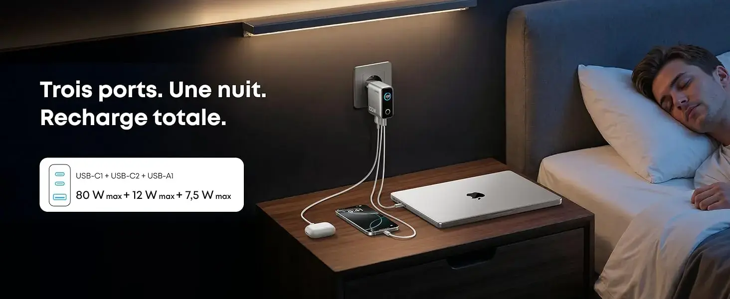 Trois ports. Une nuit. Recharge totale. - Répartition de la puissance en mode triple charge simultanée du chargeur Anker : USB-C1 (80W max) + USB-C2 (12W max) + USB-A1 (7,5W max) sur une table de chevet pendant la nuit.