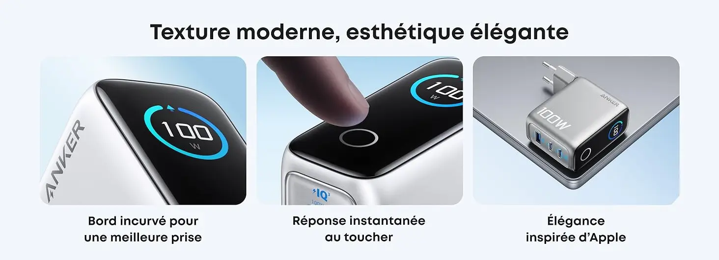 Texture moderne, esthétique élégante - Détails de conception du chargeur Anker : bord incurvé pour une meilleure prise en main, bouton tactile à réponse instantanée au toucher, et design premium avec élégance inspirée d'Apple