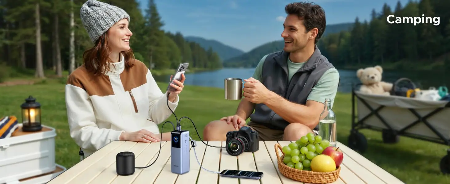 Infographie descriptive de la structure et des composants externes de la batterie UGREEN Nexode Pro 200W. Sont pointés et détaillés : le câble USB-C1 rétractable intégré, le câble USB-C2 tressé faisant office de lanière, le port USB-C3 bidirectionnel, le port de sortie USB-A, le bouton d'alimentation et l'écran couleur TFT intelligent.