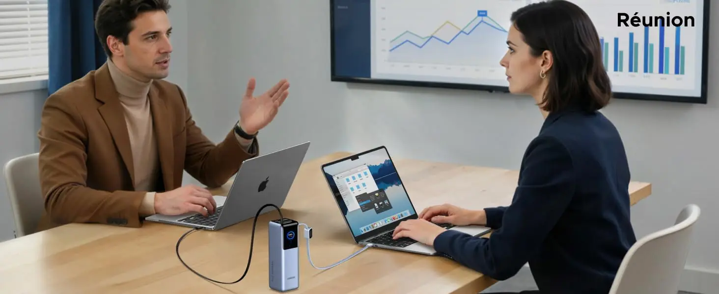 Tableau détaillé des tensions et ampérages de sortie pour toutes les configurations de charge (Single Port, Dual Ports, Triple Ports et Four Ports) du Power Bank UGREEN Nexode Pro 25000mAh. Guide de référence indispensable pour connaître la puissance exacte délivrée à chaque appareil connecté.
