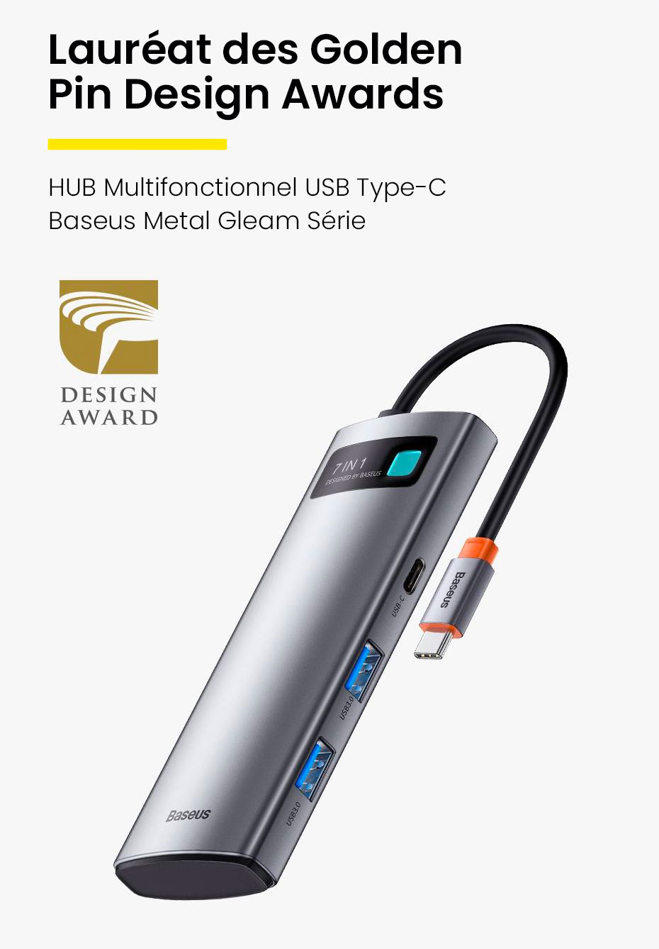 Hub USB-C 7-En-1 BASEUS Metal Gleam Série Avec Ports USB-C
