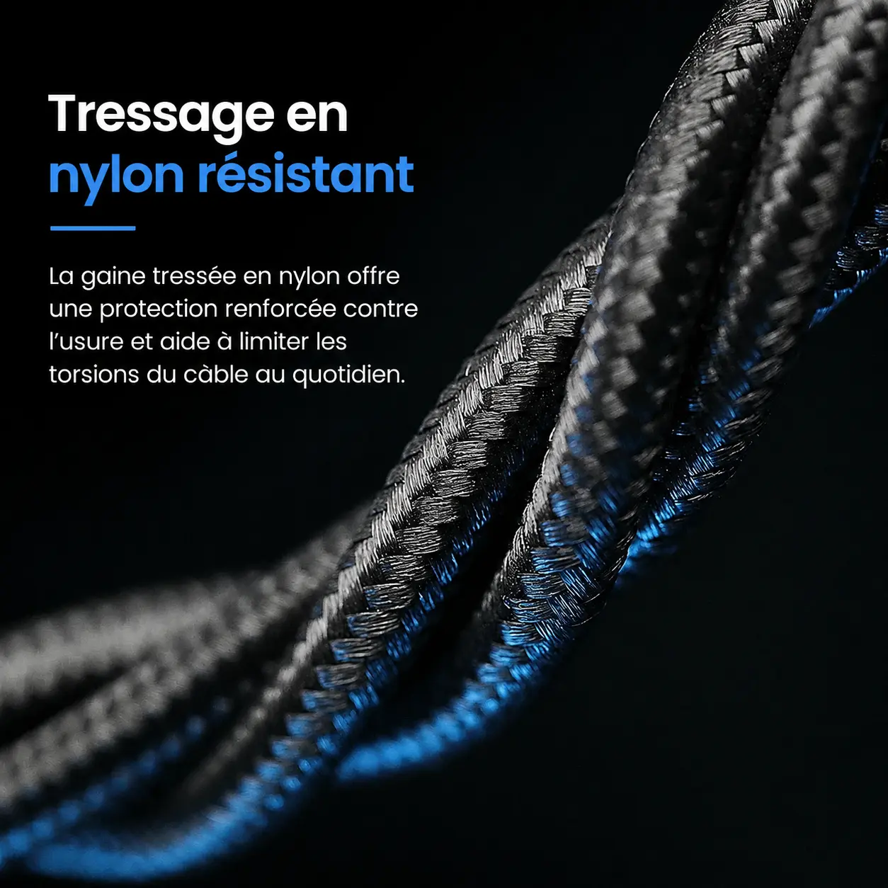 Gros plan sur la gaine en nylon tressé résistant du câble Blavec Raptor