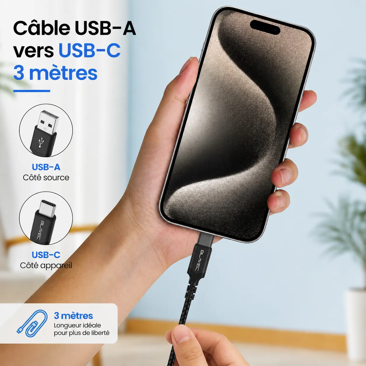 Smartphone en main branché avec le câble USB-C de 3 mètres Blavec Raptor