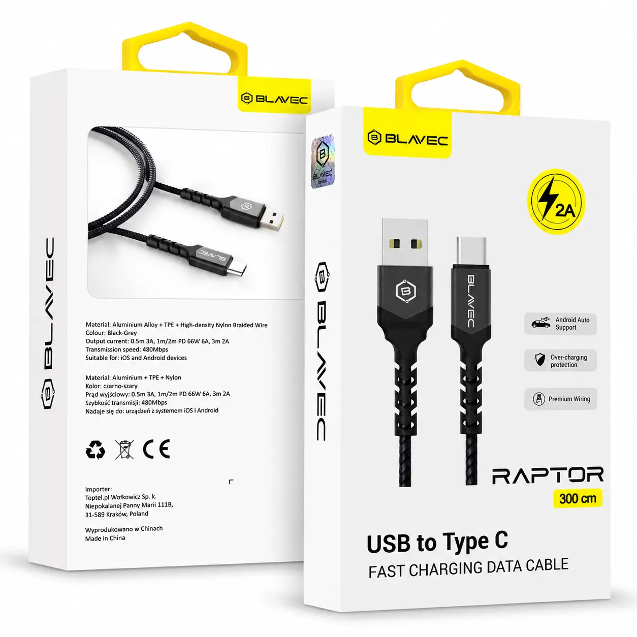 Emballage officiel du câble Blavec Raptor USB-A vers USB-C 3m