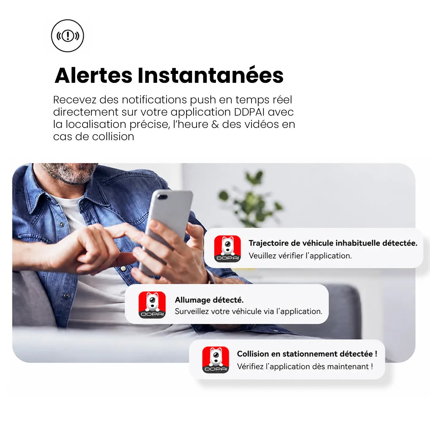 Alertes de collision en temps réel sur smartphone avec la dashcam DDPAI Z50 Pro.