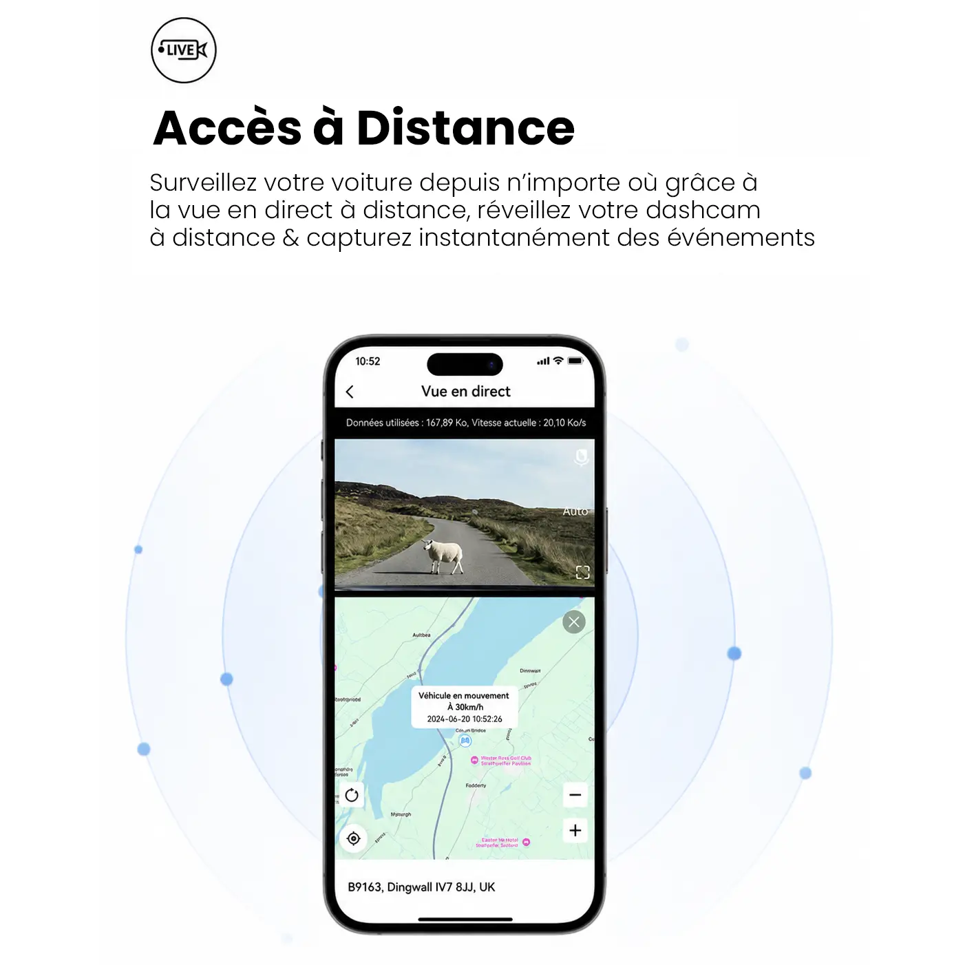 Interface de l'application DDPAI avec écran partagé entre vidéo et géolocalisation.