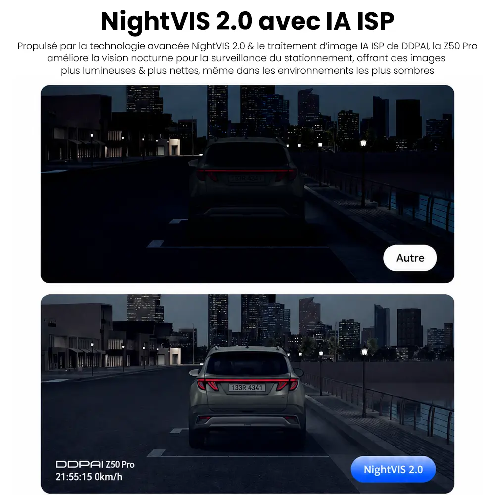 Amélioration de la vision nocturne grâce à la technologie NightVIS 2.0 de la DDPAI Z50 Pro.