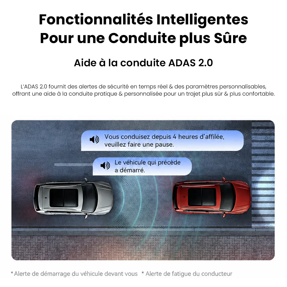 Aide à la conduite ADAS 2.0 et alertes de sécurité de la caméra auto DDPAI Z50 Pro.